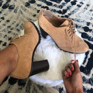 Tan Suede Block Heel Oxfords